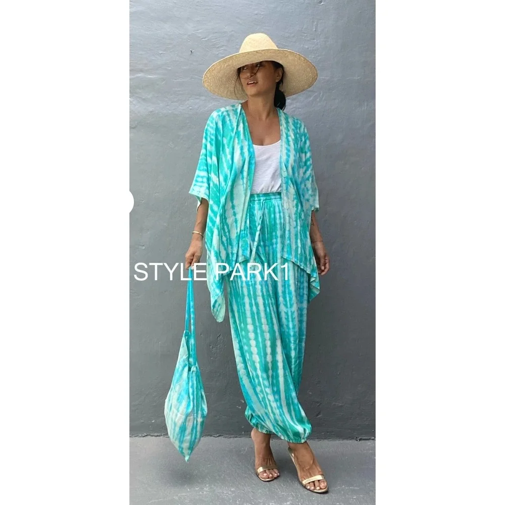 Style Park-J Tie Dye 3-Piece Set Women Turquoise Kimono Pants Bag Resort  Elasti